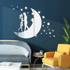 Acrylic mirror wall sticker featuring a romantic couple on the moon and glowing stars for home decor.