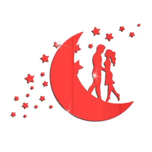 Red acrylic mirror wall sticker romantic couple moon stars home decor self-adhesive item