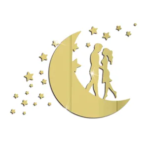 Golden acrylic mirror wall sticker for romantic couple moon and stars home decor.