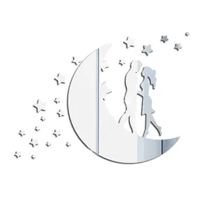 Acrylic mirror wall sticker featuring romantic moon couple and stars for home decoration.