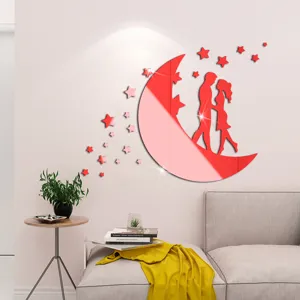 Red acrylic mirror wall sticker featuring a romantic moon and couple silhouette for home.