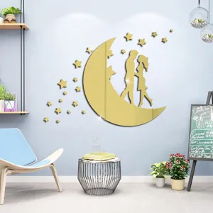 Gold acrylic mirror wall sticker featuring moon and couple silhouette for romantic home decor.