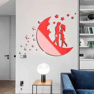 Acrylic mirror wall sticker with romantic moon and couple design for home living room decor.