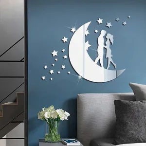 Acrylic mirror wall sticker featuring a romantic moon and couple design for home decor.