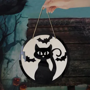 Cartello Sospeso in Legno di Halloween Strega Pipistrello Gatto Nero Decorazione Murale Targhetta Rotonda in Legno Con Corda di Canapa per Festa in Casa