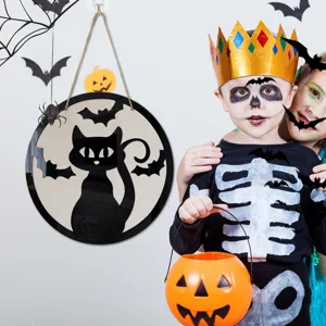 Cartello sospeso in legno di Halloween, gatto nero luna pipistrelli decorazione murale festa.