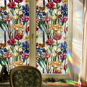 Decorative stained glass window film with colorful floral pattern static cling privacy film.