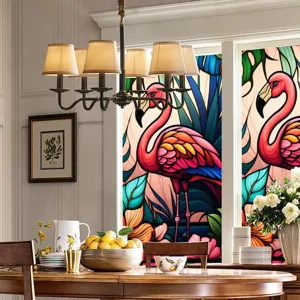 Colorful retro flamingo PVC static cling window film, glue-free removable glass sticker for home decor.