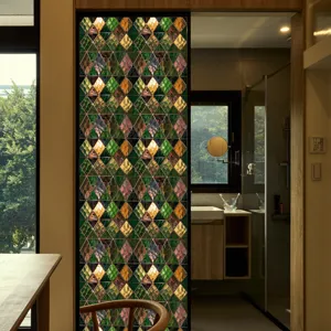 Retro geometrische glas-in-lood raamfolie, PVC statische privacyfolie voor huisdecor.