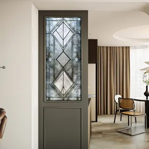 Detail shot of geometric frosted window film applied on door panel, elegant art deco style glass sticker.
