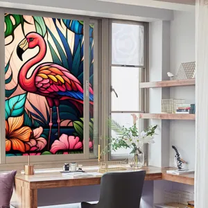 Retro flamingo stained glass window film, static cling PVC sticker for home decor.
