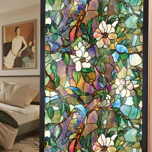 Film pour vitre vitrail style Tiffany oiseau fleur intimité déco maison autocollant détail