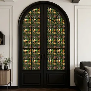 Decoratieve PVC raamfolie met vintage rooster en kleurrijke steentextuur voor glazen deuren.