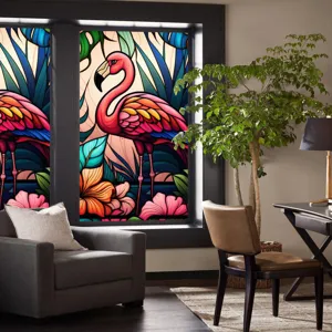 Flamingo stained glass window film, static cling retro tropical bird privacy glass sticker.