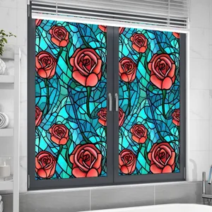 Film pour fenêtre décoratif avec motif de roses rouges style vitrail, adhésif statique.