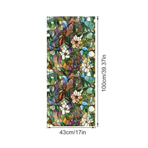 Film Vitrail Style Tiffany Oiseau Fleur Autocollant pour Fenetre Verre 43x100cm et Maison