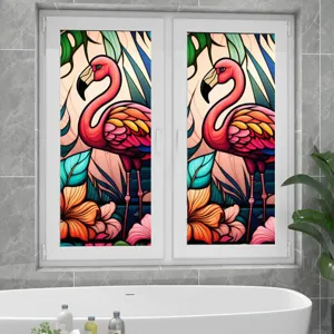 Colorful flamingo stained glass window film, static cling decorative glass sticker for home.