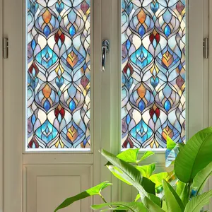 Stained glass window film detail, 3D embossed decorative sticker, vibrant colors and texture.