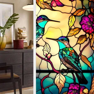 Close-up detail of stained glass window film featuring vibrant hummingbirds and floral patterns.