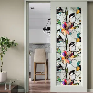 Film pour vitre en verre teinté avec motif floral et oiseau, autocollant déco statique.