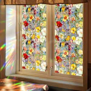 Colorful static window film with stained glass floral pattern for home decor and privacy.