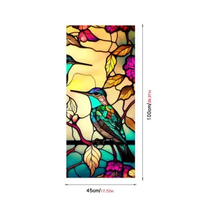 Detail view of stained glass window film showing hummingbird pattern and size dimensions.