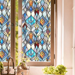 3D stained glass window film detail, colorful floral geometric pattern for home privacy decor.