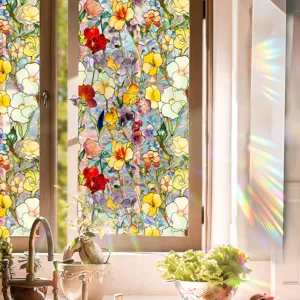 Stained glass window privacy film with colorful floral pattern for home decor and anti collision.