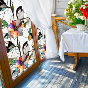 Film pour fenêtres en vitrail avec motif de fleurs et d'oiseaux, autocollant déco.