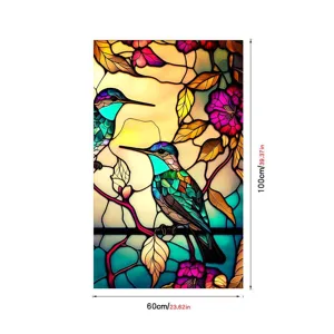Stained glass window film featuring vintage hummingbird and floral design, static cling, removable.