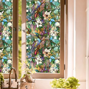 Film pour fenêtre en vitrail style Tiffany oiseau fleur autocollant décoratif pour vitre de maison