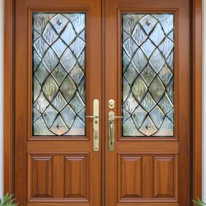 Detailed view of frosted glass window sticker with elegant diamond grid pattern on wooden door.