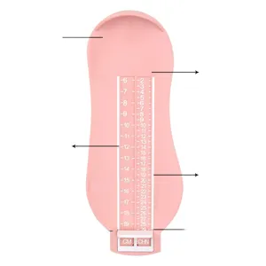 Infant foot measuring device in pink plastic with clear size scale for baby shoes.