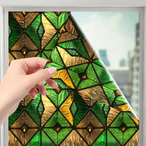 Decoratieve raamfolie met retro groen en goud glas-in-lood rasterpatroon, statische PVC.
