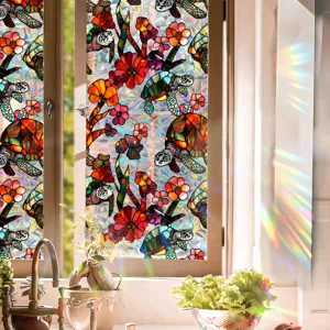 Stained glass window film with sea turtles and colorful flowers static cling decor.