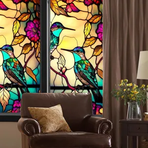 Retro hummingbird stained glass window film, decorative static PVC glass sticker for home decor.