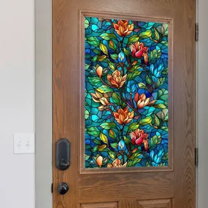 Film pour vitre effet vitrail floral adhésif statique décoratif pour porte en verre.