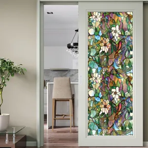Film pour fenetre en vitrail style Tiffany, autocollant decoratif floral pour portes en verre.