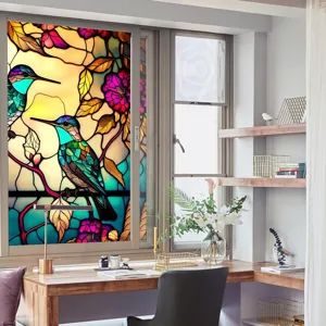 Stained glass window film with vibrant hummingbird and floral design, static cling removable PVC.