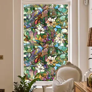 Film pour vitre en verre teinté style Tiffany avec motif d'oiseau et magnolia déco.