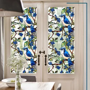Détail du film pour vitrage en verre teinté avec motif d'oiseau bleu et de baies sur porte