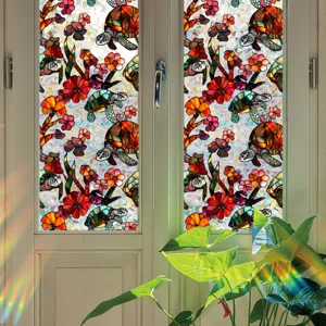 Decorative stained glass window film with turtle floral pattern, static cling privacy sticker.