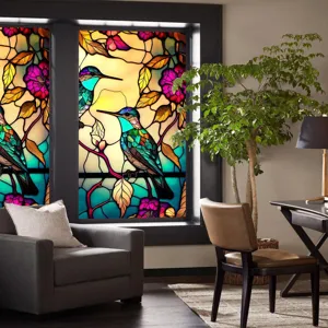 Stained glass window film retro flower bird static cling PVC removable decor sticker