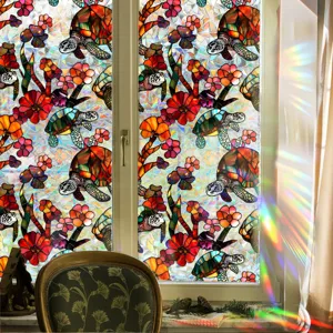 Decorative stained glass window film featuring a colorful turtle and flower pattern for home decor.
