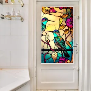 Stained glass window film hummingbird static window sticker retro floral glass decal for home