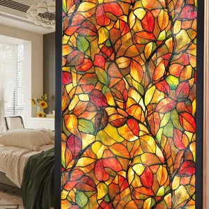 Film pour fenetre en vitrail style Tiffany feuilles d'automne autocollant decoratif