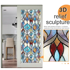 Close-up detail and interior scene of 3D relief stained glass window film texture.