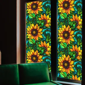 Film pour fenêtre tournesol en vitrail, autocollant décoratif statique pour intimité maison.