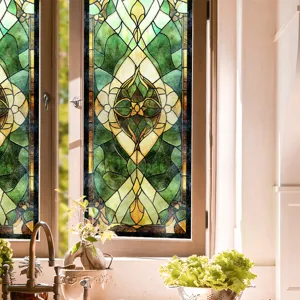 Detailopname van retro glas-in-lood raamfolie, elegante decoratieve sticker voor thuisglas.
