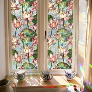 Stained glass window film with lotus flower design, static cling decorative window sticker.